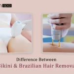 Comparison image showing a bikini bottom and a Brazilian flag, representing the difference between bikini and Brazilian hair removal techniques.