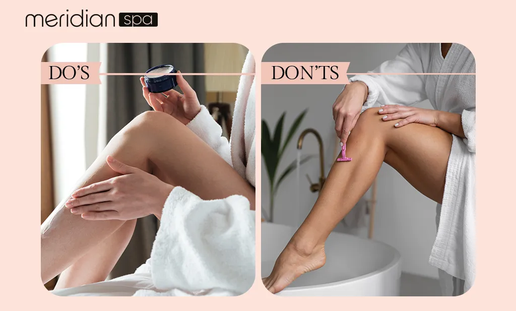 An infographic showing the do's and don'ts after laser hair removal treatment, with images illustrating proper and improper care practices.
