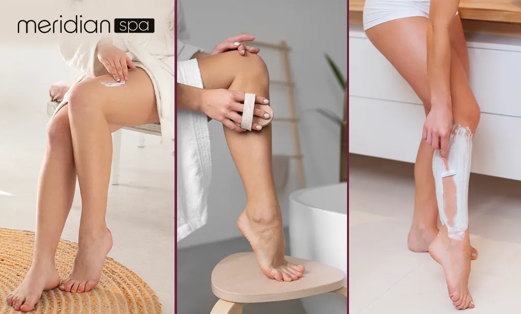 Image of a woman leg undergoing laser hair removal treatment with a professional technician in Meridian Spa, London, preparing for a smooth and effective procedure.
